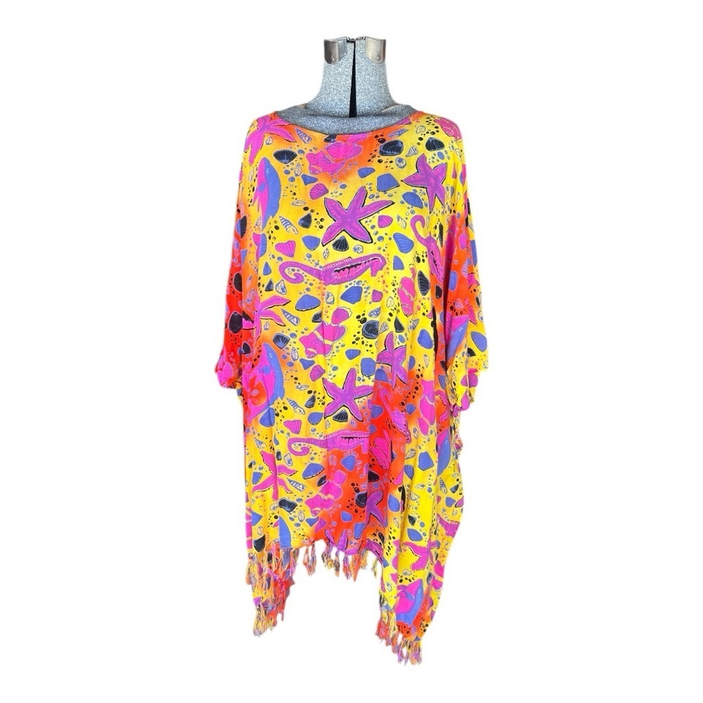 Kaftan Swim Cover Sea Animal Design Fringe Hem